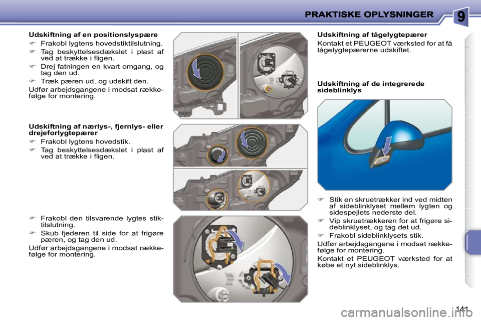 PEUGEOT 207 2010  Brugsanvisning (in Danish) 141
  Udskiftning af en positionslyspære  
   
�    Frakobl lygtens hovedstiktilslutning. 
  
�    Tag  beskyttelsesdækslet  i  plast  af 
�v�e�d� �a�t� �t�r�æ�k�k�e� �i� �ﬂ� �i�g�e�n�.� 
 