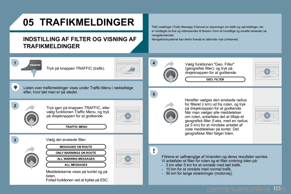 PEUGEOT 207 2010  Brugsanvisning (in Danish) 185
�0�5
�2
�1
�3 �4
�5
� �T�R�A�F�I�K�M�E�L�D�I�N�G�E�R� 
�I�N�D�S�T�I�L�L�I�N�G� �A�F� �F�I�L�T�E�R� �O�G� �V�I�S�N�I�N�G� �A�F� 
�T�R�A�F�I�K�M�E�L�D�I�N�G�E�R� 
� � �T�M�C�-�m�e�l�d�i�n�g�e�r� �(�