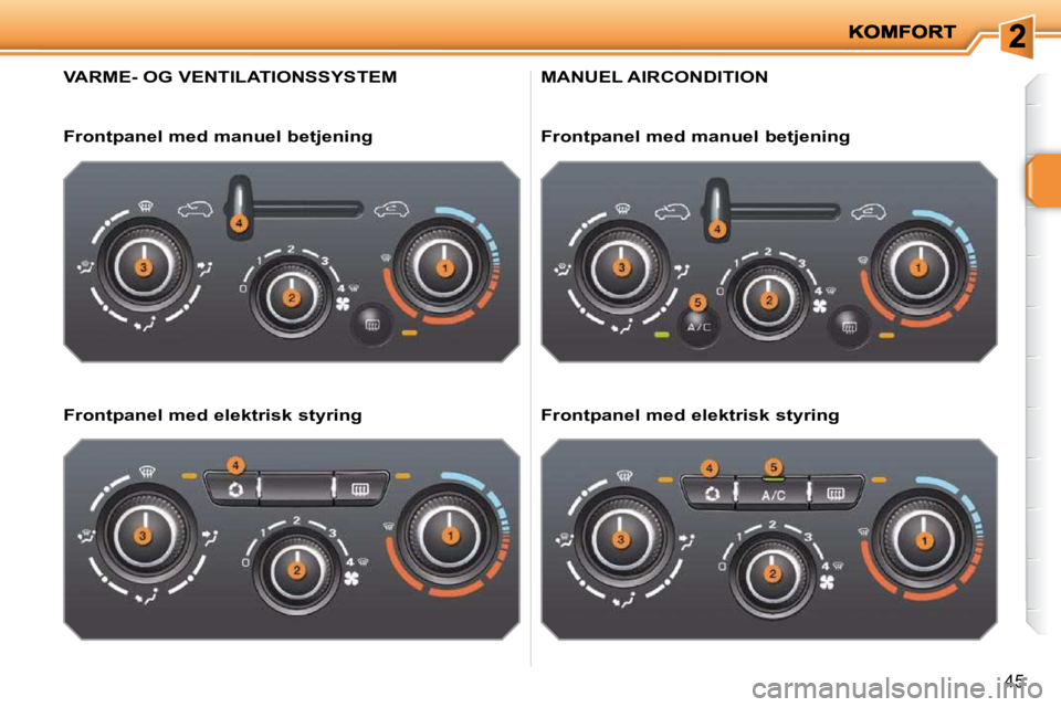 PEUGEOT 207 2010  Brugsanvisning (in Danish) 45
VARME- OG VENTILATIONSSYSTEM 
  Frontpanel med manuel betjening   
  Frontpanel med elektrisk styring  
 MANUEL AIRCONDITION 
  Frontpanel med manuel betjening   
  Frontpanel med elektrisk styring