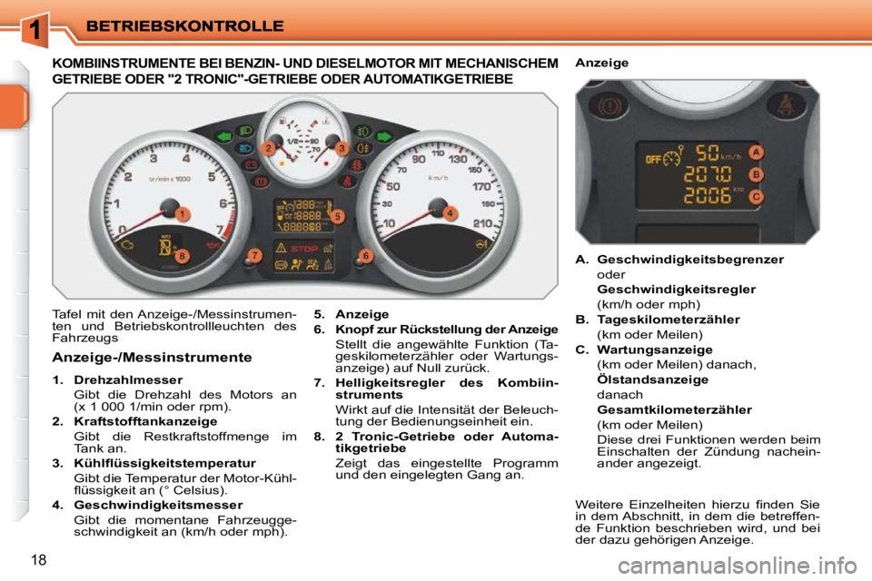 PEUGEOT 207 2010 Betriebsanleitungen (in German) 18
KOMBIINSTRUMENTE BEI BENZIN- UND DIESELMOTOR MIT MECHANISCHEM
GETRIEBE ODER "2 TRONIC"-GETRIEBE ODER AUTOMATIKGET RIEBE
Tafel mit den Anzeige-/Messinstrumen-
ten und Betriebskontrollleuchte PEUGEOT 207 2010 Betriebsanleitungen (in German) 18
KOMBIINSTRUMENTE BEI BENZIN- UND DIESELMOTOR MIT MECHANISCHEM
GETRIEBE ODER "2 TRONIC"-GETRIEBE ODER AUTOMATIKGET RIEBE
Tafel mit den Anzeige-/Messinstrumen-
ten und Betriebskontrollleuchte