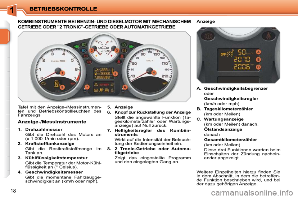 PEUGEOT 207 2010  Betriebsanleitungen (in German) 18
KOMBIINSTRUMENTE BEI BENZIN- UND DIESELMOTOR MIT MECHANISCHEM 
GETRIEBE ODER "2 TRONIC"-GETRIEBE ODER AUTOMATIKGET RIEBE 
 Tafel  mit  den Anzeige-/Messinstrumen- 
ten  und  Betriebskontrollleuchte