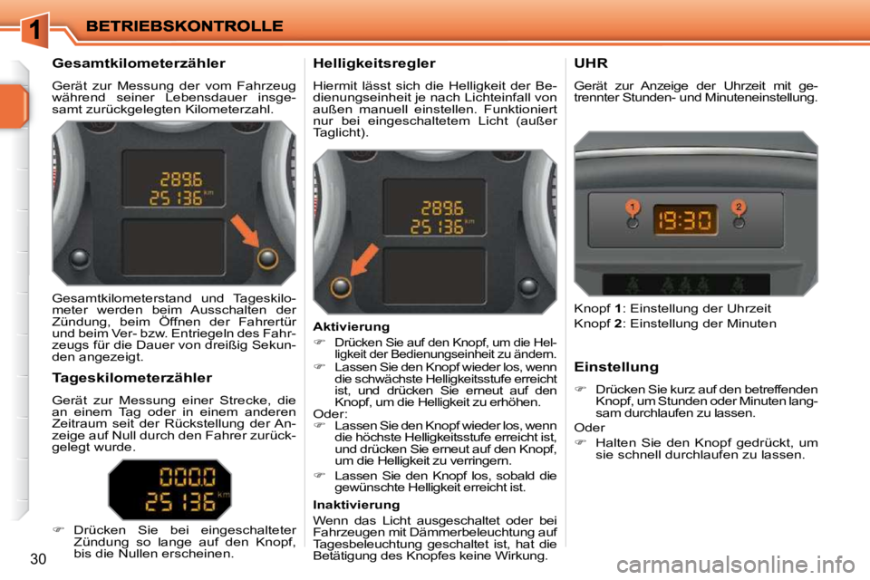 PEUGEOT 207 2010  Betriebsanleitungen (in German) 30
             Gesamtkilometerzähler  
 Gerät  zur  Messung  der  vom  Fahrzeug  
während  seiner  Lebensdauer  insge-
samt zurückgelegten Kilometerzahl.           Helligkeitsregler  
 Hiermit  l