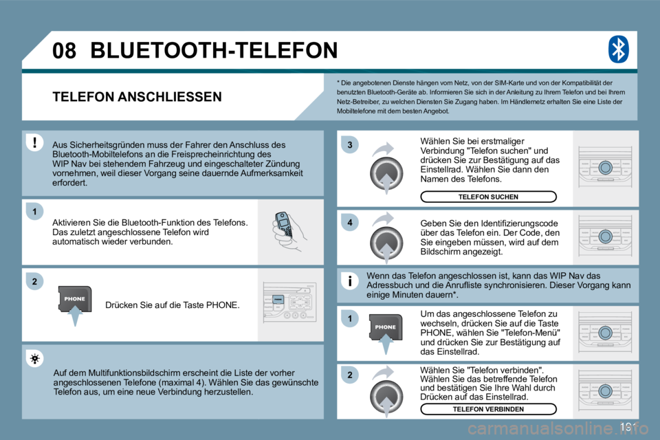 PEUGEOT 207 2010  Betriebsanleitungen (in German) 191
�0�8
�1
�2
�3
�2
�1
�4
  *   Die angebotenen Dienste hängen vom Netz, von 
der SIM-Karte und von der Kompatibilität der benutzten Bluetooth-Geräte ab. Informieren Sie sich  in der Anleitung zu 