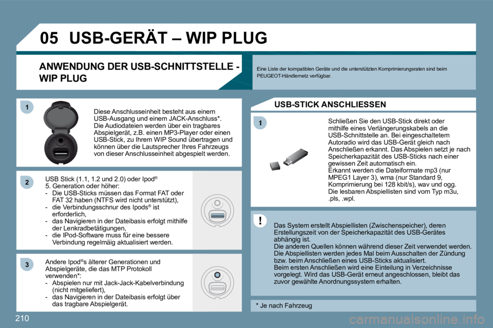 PEUGEOT 207 2010  Betriebsanleitungen (in German) 210
�1
�0�5
�1�1
�2�2
�3�3
  Das System erstellt Abspiellisten (Zwischenspeicher), deren Erstellungszeit von der Speicherkapazität des USB-G erätes abhängig ist.  Die anderen Quellen können währe