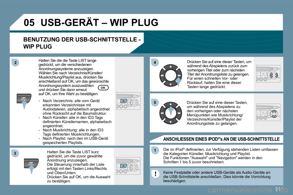 PEUGEOT 207 2010  Betriebsanleitungen (in German) 211
�3�3
�0�5
�4�4
�1�1
�5�5
�2�2
� �U�S�B�-�G�E�R�Ä�T� �–� �W�I�P� �P�L�U�G� 
� � �B�E�N�U�T�Z�U�N�G� �D�E�R� �U�S�B�-�S�C�H�N�I�T�T�S�T�E�L�L�E� �-� 
�W�I�P� �P�L�U�G� 
  Halten Sie die Taste LIS