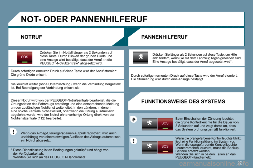 PEUGEOT 207 2010  Betriebsanleitungen (in German) 221
�N�O�T�-� �O�D�E�R� �P�A�N�N�E�N�H�I�L�F�E�R�U�F� 
� � �N�O�T�R�U�F� � � �P�A�N�N�E�N�H�I�L�F�E�R�U�F� 
� � �F�U�N�K�T�I�O�N�S�W�E�I�S�E� �D�E�S� �S�Y�S�T�E�M�S� 
  Drücken Sie im Notfall länger