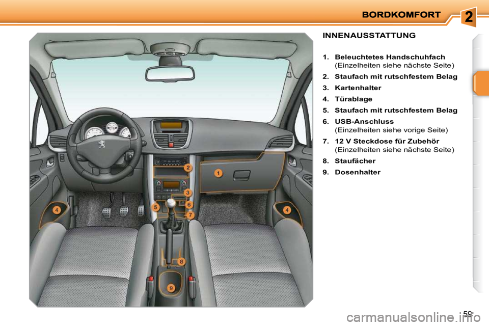 PEUGEOT 207 2010  Betriebsanleitungen (in German) 59
INNENAUSSTATTUNG 
   
1.     Beleuchtetes Handschuhfach    
  (Einzelheiten siehe nächste Seite)  
  
2.     Staufach mit rutschfestem Belag   
  
3.     Kartenhalter   
  
4.     Türablage   
  