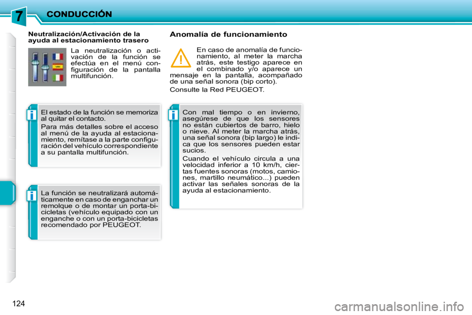 PEUGEOT 207 2010  Manual del propietario (in Spanish) ii
i
124
   Neutralización/Activación de la  
ayuda al estacionamiento trasero   Anomalía de funcionamiento 
  Con  mal  tiempo  o  en  invierno, 
asegúrese  de  que  los  sensores 
no  están  cu