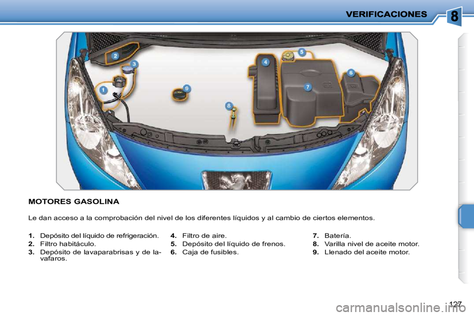 PEUGEOT 207 2010  Manual del propietario (in Spanish) 127
MOTORES GASOLINA 
 Le dan acceso a la comprobación del nivel de los diferentes líquidos y al cambio de ciertos elementos. 
   
1.    Depósito del líquido de refrigeración. 
  
2.    Filtro ha
