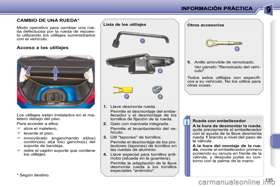 PEUGEOT 207 2010  Manual del propietario (in Spanish) i
135
CAMBIO DE UNA RUEDA *  
 Modo  operativo  para  cambiar  una  rue- 
da  defectuosa  por  la  rueda  de  repues-
to  utilizando  los  utillajes  suministrados 
con el vehículo.  
 Los utillajes 