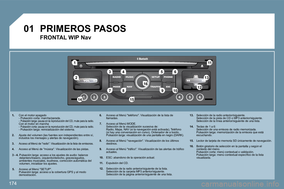 PEUGEOT 207 2010  Manual del propietario (in Spanish) 174
�1
�5
�1�0
�0�1
�2
�3�4�6
�1�3
�1�1
�9
�1�4�1�5
�7�8�1�2�1�6
  Con el motor apagado    - Pulsación corta: marcha/parada.    -  Pulsación larga: pausa en la reproducción del CD, m
ute para la ra