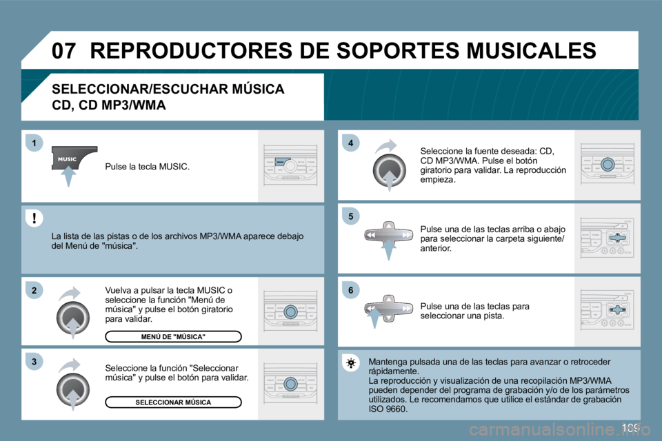 PEUGEOT 207 2010  Manual del propietario (in Spanish) 189
�0�7
�6
�4 
�5
�3
�2
�1
�S�E�L�E�C�C�I�O�N�A�R�/�E�S�C�U�C�H�A�R� �M�Ú�S�I�C�A� � 
�C�D�,� �C�D� �M�P�3�/�W�M�A� 
 Mantenga pulsada una de las teclas para avanzar o 
retr o retroceder rápidament