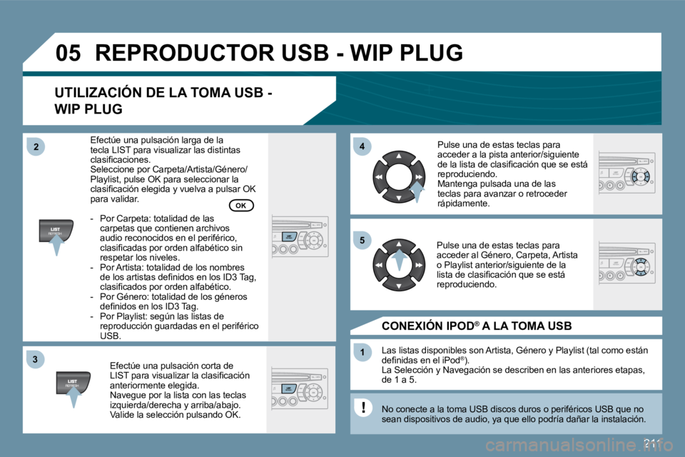 PEUGEOT 207 2010  Manual del propietario (in Spanish) �2�1�1
�3�3
�0�5
�4�4
�1�1
�5�5
�2�2
� �R�E�P�R�O�D�U�C�T�O�R� �U�S�B� �-� �W�I�P� �P�L�U�G� 
� � �U�T�I�L�I�Z�A�C�I�Ó�N� �D�E� �L�A� �T�O�M�A� �U�S�B� �-
�W�I�P� �P�L�U�G� 
� � �E�f�e�c�t�ú�e� �u�n