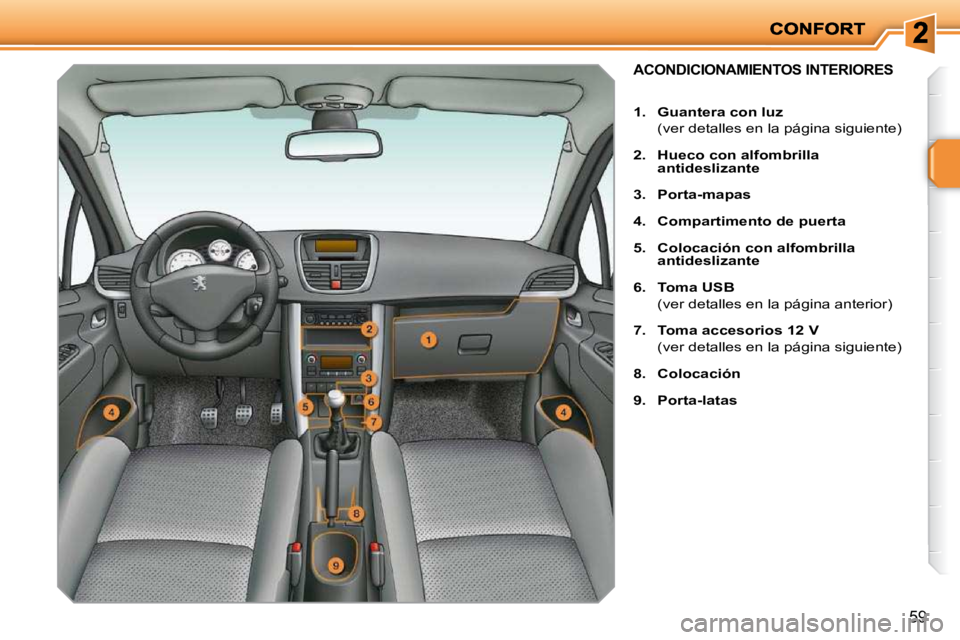 PEUGEOT 207 2010  Manual del propietario (in Spanish) 59
ACONDICIONAMIENTOS INTERIORES 
   
1.     Guantera con luz    
   (ver detalles en la página siguiente)  
  
2.     Hueco   
 con alfombrilla 
antideslizante   
  
3.     Porta-mapas   
  
4.     