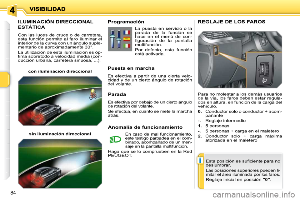 PEUGEOT 207 2010  Manual del propietario (in Spanish) i
84
ILUMINACIÓN DIRECCIONAL 
ESTÁTICA 
 Con  las  luces  de  cruce  o  de  carretera,  
esta  función  permite  al  faro  iluminar  el 
interior de la curva con un ángulo suple-
mentario de aprox