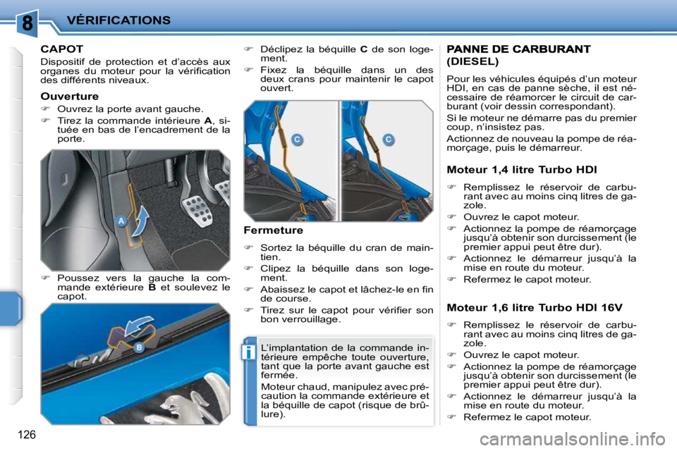 PEUGEOT 207 2010  Manuel du propriétaire (in French) i
VÉRIFICATIONS
126
CAPOT 
� �D�i�s�p�o�s�i�t�i�f�  �d�e�  �p�r�o�t�e�c�t�i�o�n�  �e�t�  �d�’�a�c�c�è�s�  �a�u�x�  
�o�r�g�a�n�e�s�  �d�u�  �m�o�t�e�u�r�  �p�o�u�r�  �l�a�  �v�é�r�i�ﬁ� �c�a�t�i