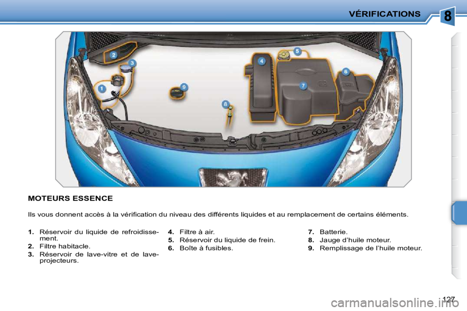 PEUGEOT 207 2010  Manuel du propriétaire (in French) VÉRIFICATIONS
127
MOTEURS ESSENCE 
� �I�l�s� �v�o�u�s� �d�o�n�n�e�n�t� �a�c�c�è�s� �à� �l�a� �v�é�r�i�ﬁ� �c�a�t�i�o�n� �d�u� �n�i�v�e�a�u� �d�e�s� �d�i�f�f�é�r�e�n�t�s� �l�i�q�u�i�d�e�s� �e�t� 