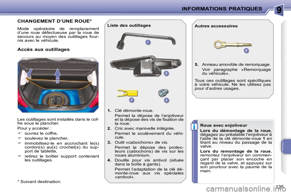 PEUGEOT 207 2010 Manuel du propriétaire (in French) i
INFORMATIONS PRATIQUES
135
CHANGEMENT D’UNE ROUE *
Mode opératoire de remplacement
d’une roue défectueuse par la roue de
secours au moyen des outillages four-
nis avec le v PEUGEOT 207 2010 Manuel du propriétaire (in French) i
INFORMATIONS PRATIQUES
135
CHANGEMENT D’UNE ROUE *
Mode opératoire de remplacement
d’une roue défectueuse par la roue de
secours au moyen des outillages four-
nis avec le v