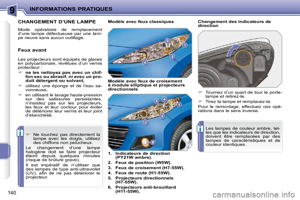 PEUGEOT 207 2010  Manuel du propriétaire (in French) ii
INFORMATIONS PRATIQUES
140
 Les projecteurs sont équipés de glaces  
en  polycarbonate,  revêtues  d’un  vernis 
protecteur :  
   
�     ne les  nettoyez  pas  avec  un chif- 
fon sec ou a