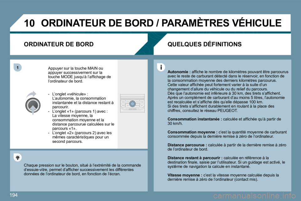 PEUGEOT 207 2010  Manuel du propriétaire (in French) 194
�1�0
�1
� �O�R�D�I�N�A�T�E�U�R� �D�E� �B�O�R�D� �/� �P�A�R�A�M�È�T�R�E�S� �V�É�H�I�C�U�L�E� 
� � �O�R�D�I�N�A�T�E�U�R� �D�E� �B�O�R�D� 
� �A�p�p�u�y�e�r� �s�u�r� �l�a� �t�o�u�c�h�e� �M�A�I�N� �o