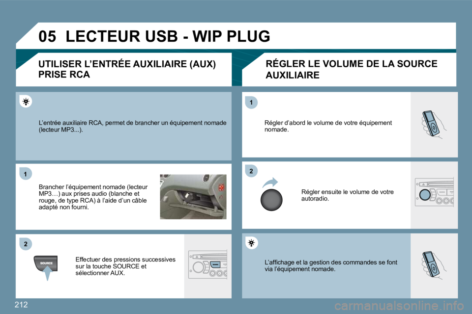 PEUGEOT 207 2010  Manuel du propriétaire (in French) 212
�0�5
�1�1
�2�2
�2�2
�1�1
� �L�’�a�f�ﬁ� �c�h�a�g�e� �e�t� �l�a� �g�e�s�t�i�o�n� �d�e�s� �c�o�m�m�a�n�d�e�s� �s�e� �f�o�n�t� via l’équipement nomade. 
� �R�é�g�l�e�r� �d�’�a�b�o�r�d� �l�e�