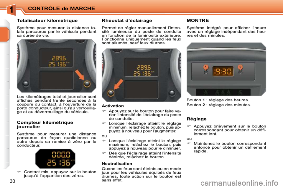 PEUGEOT 207 2010  Manuel du propriétaire (in French) CONTRÔLE de MARCHE
30
             
�T�o�t�a�l�i�s�a�t�e�u�r� �k�i�l�o�m�é�t�r�i�q�u�e�  
 Système  pour  mesurer  la  distance  to- 
tale  parcourue  par  le  véhicule  pendant 
sa durée de vie.