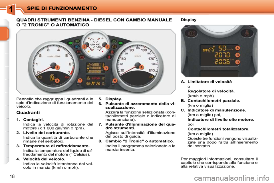 PEUGEOT 207 2010 Manuale duso (in Italian) 18
QUADRI STRUMENTI BENZINA - DIESEL CON CAMBIO MANUALE
O "2 TRONIC" O AUTOMATICO
Pannello che raggruppa i quadranti e le
spie dindicazione di funzionamento del
veicolo.
5. Display.
PEUGEOT 207 2010 Manuale duso (in Italian) 18
QUADRI STRUMENTI BENZINA - DIESEL CON CAMBIO MANUALE
O "2 TRONIC" O AUTOMATICO
Pannello che raggruppa i quadranti e le
spie dindicazione di funzionamento del
veicolo.
5. Display.