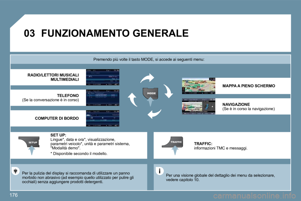 PEUGEOT 207 2010  Manuale duso (in Italian) 176
�0�3� �F�U�N�Z�I�O�N�A�M�E�N�T�O� �G�E�N�E�R�A�L�E� 
  Per una visione globale del dettaglio dei menu da selezionare, vedere capitolo 10.   
Premendo più volte il tasto MODE, si accede ai segu en