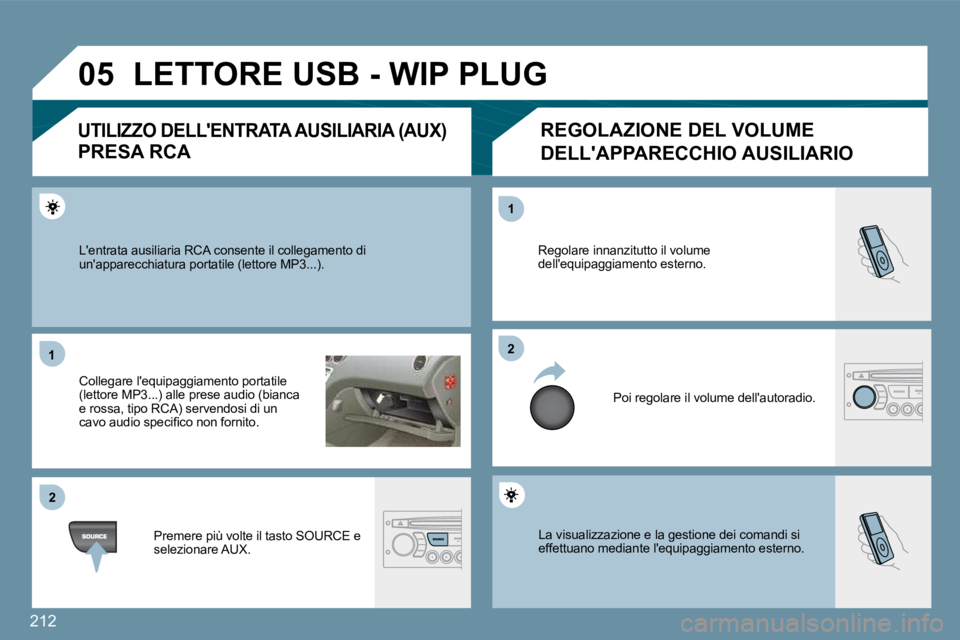 PEUGEOT 207 2010  Manuale duso (in Italian) �2�1�2
�0�5
�1�1
�2�2
�2�2
�1�1
� �L�a� �v�i�s�u�a�l�i�z�z�a�z�i�o�n�e� �e� �l�a� �g�e�s�t�i�o�n�e� �d�e�i� �c�o�m�a�n�d�i� �s�i� �e�f�f�e�t�t�u�a�n�o� �m�e�d�i�a�n�t�e� �l�'�e�q�u�i�p�a�g�g�i�a�m