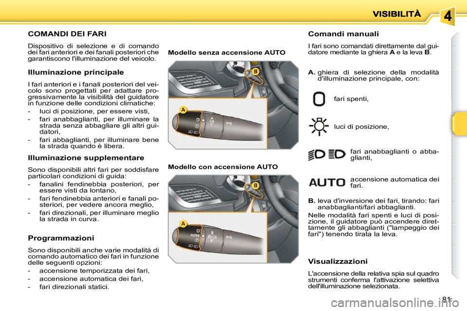 PEUGEOT 207 2010  Manuale duso (in Italian) 81
COMANDI DEI FARI 
 Dispositivo  di  selezione  e  di  comando  
dei fari anteriori e dei fanali posteriori che 
garantiscono lilluminazione del veicolo.   Comandi manuali  I fari sono comandati di