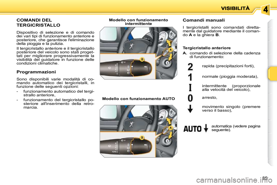 PEUGEOT 207 2010  Manuale duso (in Italian) 85
COMANDI DEL 
TERGICRISTALLO 
 Dispositivo  di  selezione  e  di  comando  
dei vari tipi di funzionamento anteriore e 
posteriore, che garantisce leliminazione 
della pioggia e la pulizia.  
 Il t