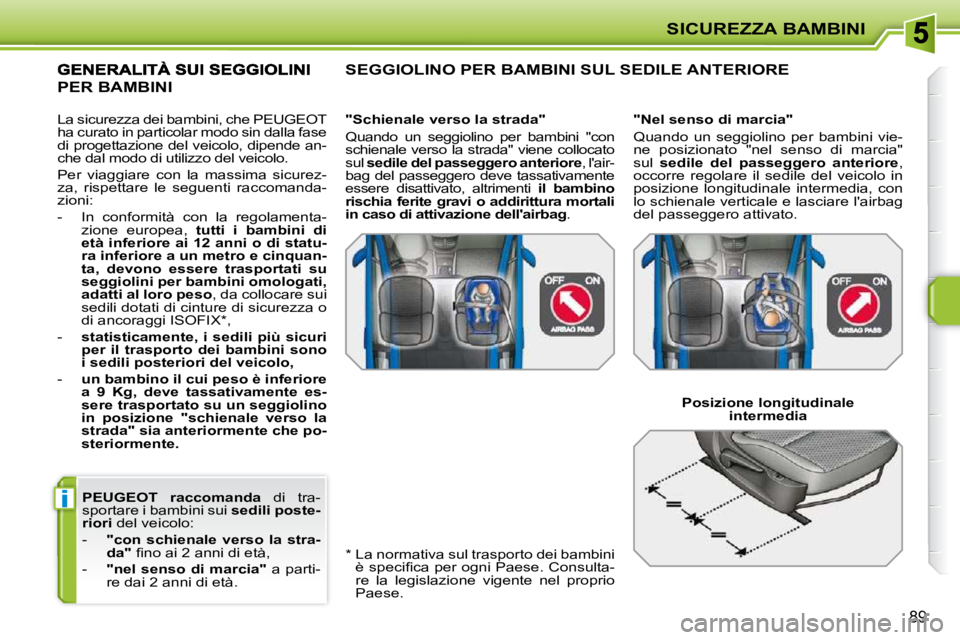 PEUGEOT 207 2010  Manuale duso (in Italian) i
SICUREZZA BAMBINI
89
 
PEUGEOT  
  raccomanda    di  tra-
sportare i bambini sui   sedili poste-
riori   del veicolo: 
   -     "con  schienale  verso  la  stra- 
da" � � �ﬁ� �n�o� �a�i� �2� �a�n�