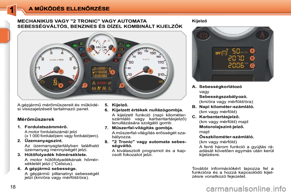 PEUGEOT 207 2010  Kezelési útmutató (in Hungarian) 18
�M�E�C�H�A�N�I�K�U�S� �V�A�G�Y� �"�2� �T�R�O�N�I�C�"� �V�A�G�Y� �A�U�T�O�M�A�T�A� 
�S�E�B�E�S�S�É�G�V�Á�L�T�Ó�S�,� �B�E�N�Z�I�N�E�S� �É�S� �D�Í�Z�E�L� �K�O�M�B�I�N�Á�L�T� �K�I�J�E�L�Z