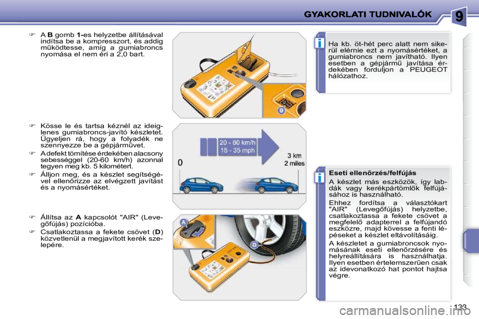 PEUGEOT 207 2010  Kezelési útmutató (in Hungarian) i
i
133
� � �H�a�  �k�b�.�  �ö�t�-�h�é�t�  �p�e�r�c�  �a�l�a�t�t�  �n�e�m�  �s�i�k�e�- 
�r�ü�l�  �e�l�é�r�n�i�e�  �e�z�t�  �a�  �n�y�o�m�á�s�é�r�t�é�k�e�t�,�  �a� 
gumiabroncs  nem  javítható