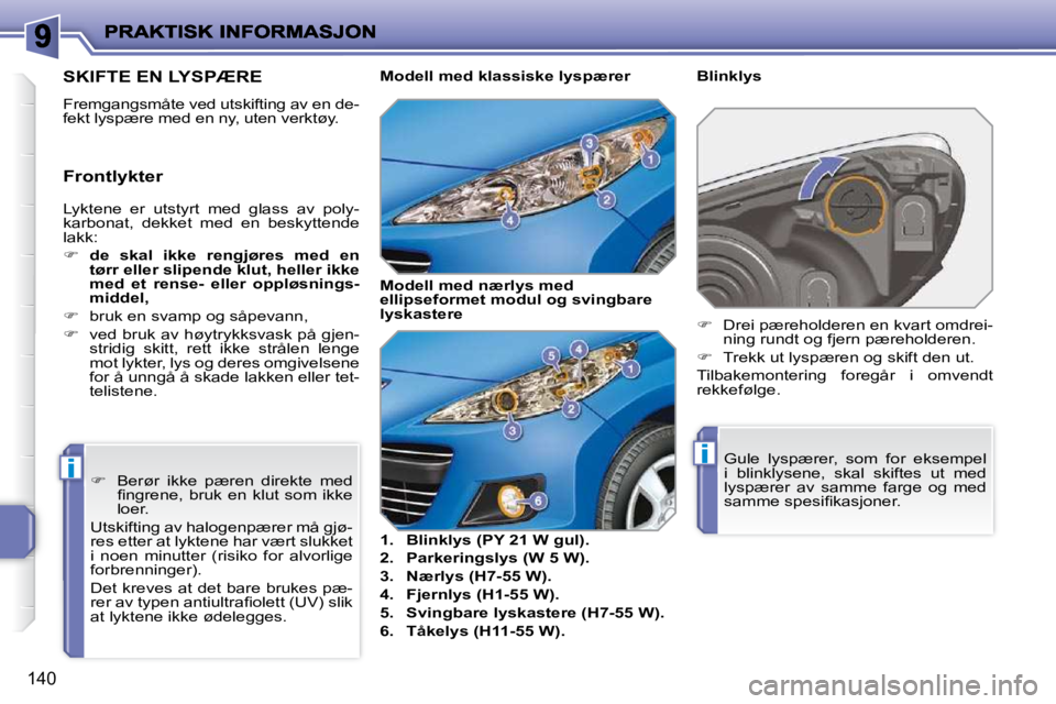 PEUGEOT 207 2010  Instruksjoner for bruk (in Norwegian) ii
�1�4�0
� �L�y�k�t�e�n�e�  �e�r�  �u�t�s�t�y�r�t�  �m�e�d�  �g�l�a�s�s�  �a�v�  �p�o�l�y�- 
�k�a�r�b�o�n�a�t�,�  �d�e�k�k�e�t�  �m�e�d�  �e�n�  �b�e�s�k�y�t�t�e�n�d�e� 
�l�a�k�k�:�  
   
�     de