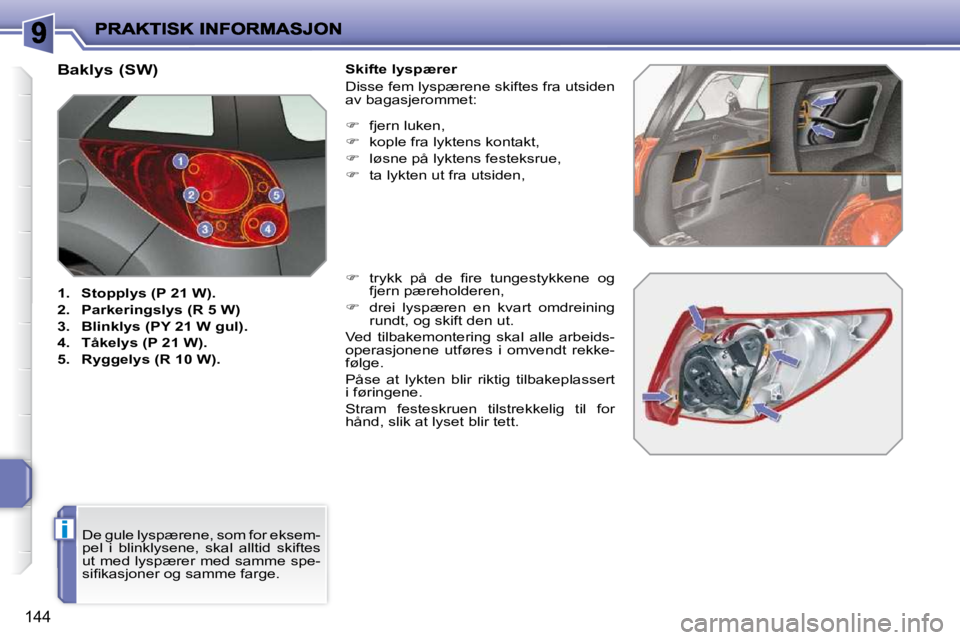 PEUGEOT 207 2010  Instruksjoner for bruk (in Norwegian) i
144
                               Baklys (SW)  
   
1.     Stopplys (P 21 W).   
  
2.     Parkeringslys (R 5 W)   
  
3.     Blinklys (PY 21 W gul).   
  
4.     Tåkelys (P 21 W).   
  
5.     Ry