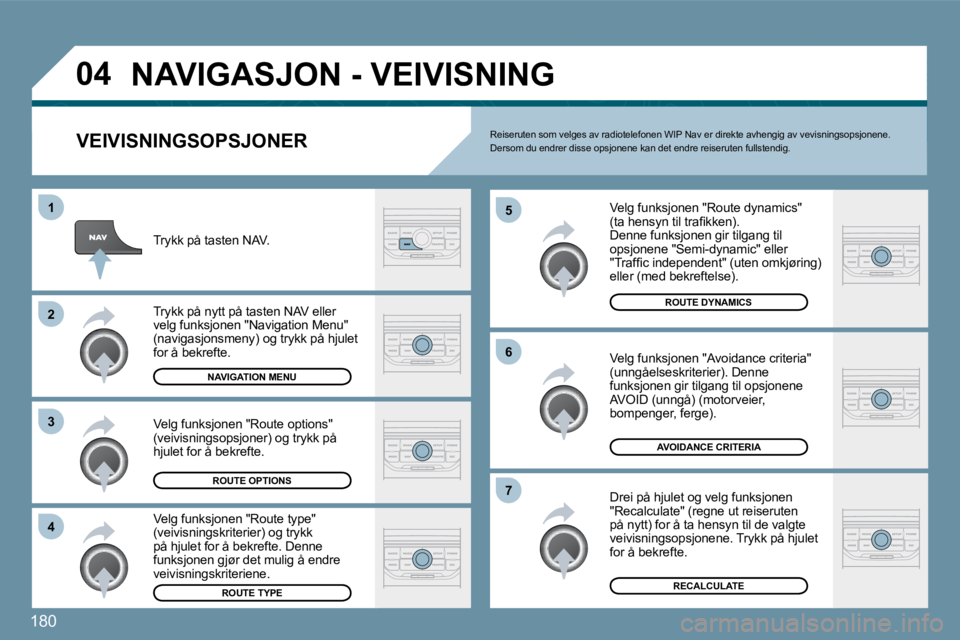 PEUGEOT 207 2010  Instruksjoner for bruk (in Norwegian) 180
�0�4
�4
�3
�2
�1
�7
�6
�5
� �N�A�V�I�G�A�S�J�O�N� �-� �V�E�I�V�I�S�N�I�N�G� 
� � �V�E�I�V�I�S�N�I�N�G�S�O�P�S�J�O�N�E�R� 
� � �V�e�l�g� �f�u�n�k�s�j�o�n�e�n� �"�R�o�u�t�e� �d�y�n�a�m�i�c�s�