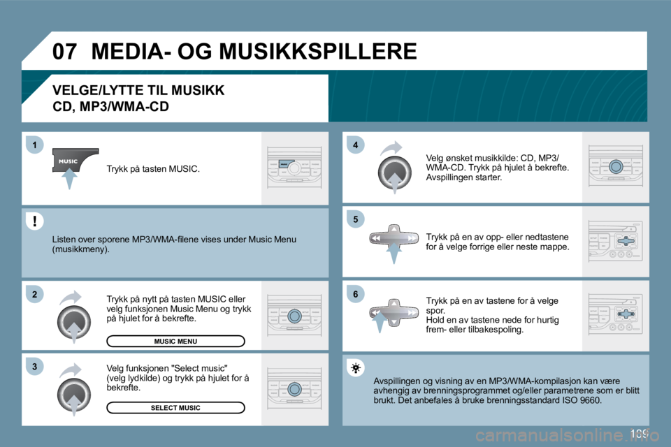 PEUGEOT 207 2010  Instruksjoner for bruk (in Norwegian) 189
�0�7
�6
�4 
�5
�3
�2
�1
�V�E�L�G�E�/�L�Y�T�T�E� �T�I�L� �M�U�S�I�K�K� � 
�C�D�,� �M�P�3�/�W�M�A�-�C�D� 
� �A�v�s�p�i�l�l�i�n�g�e�n� �o�g� �v�i�s�n�i�n�g� �a�v� �e�n� �M�P�3�/�W�M�A�-�k�o�m�p�i�l�a