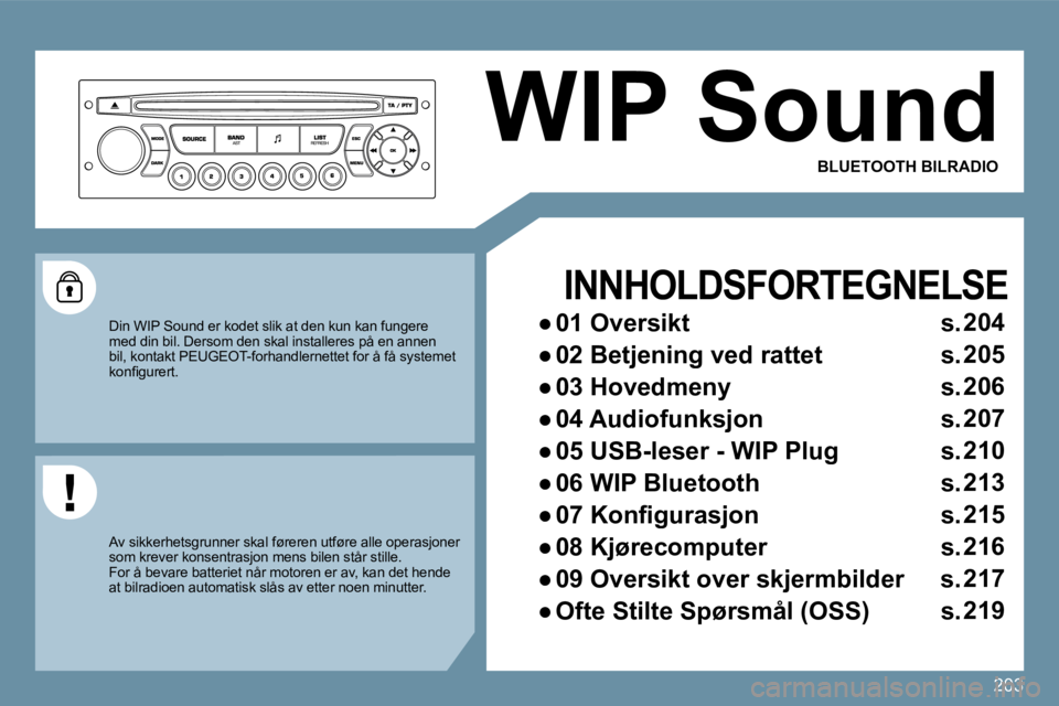 PEUGEOT 207 2010  Instruksjoner for bruk (in Norwegian) 203
 WIP Sound 
INNHOLDSFORTEGNELSE
� � � 