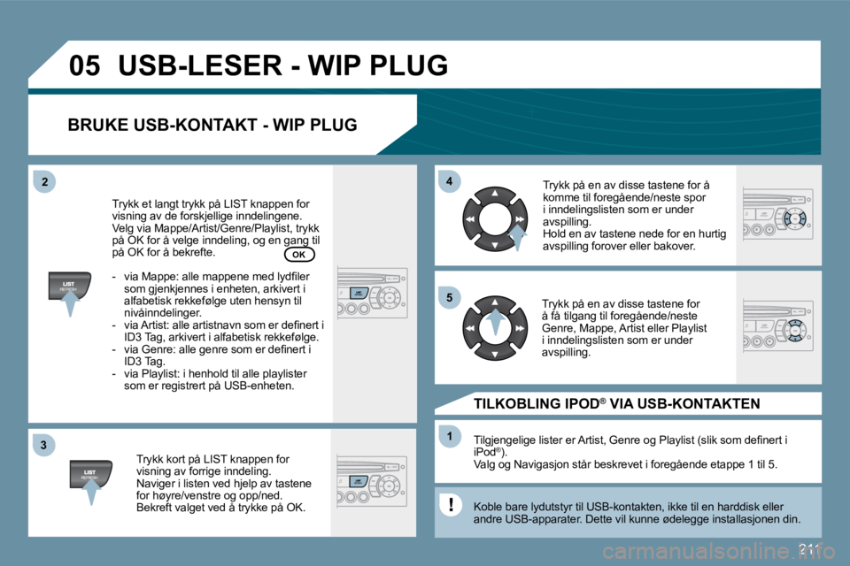 PEUGEOT 207 2010  Instruksjoner for bruk (in Norwegian) 211
�3�3
�0�5
�4�4
�1�1
�5�5
�2�2
� �U�S�B�-�L�E�S�E�R� �-� �W�I�P� �P�L�U�G� 
� � �B�R�U�K�E� �U�S�B�-�K�O�N�T�A�K�T� �-� �W�I�P� �P�L�U�G� 
  Trykk kort på LIST knappen for visning av forrige innde