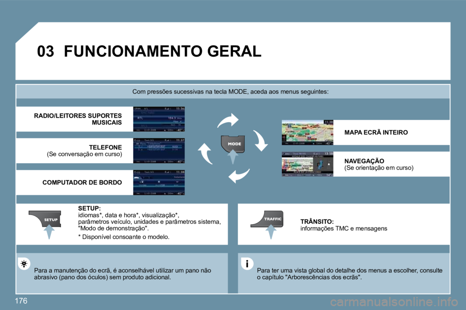 PEUGEOT 207 2010  Manual de utilização (in Portuguese) 176
�0�3� �F�U�N�C�I�O�N�A�M�E�N�T�O� �G�E�R�A�L� 
  Para ter uma vista global do detalhe dos menus a escolher, consulte o capítulo "Arborescências dos ecrãs".   
Com pressões sucessivas na tecla 