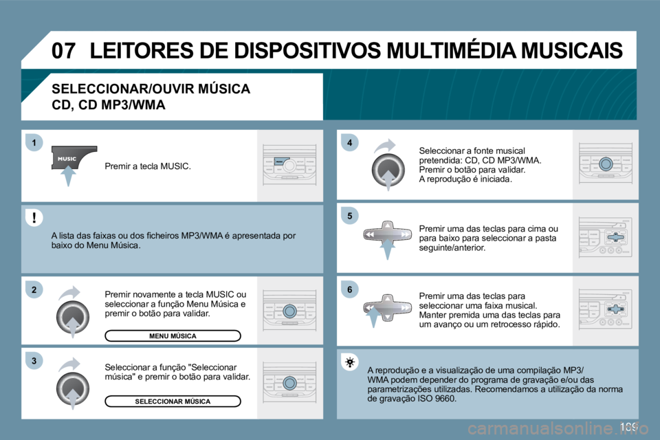 PEUGEOT 207 2010  Manual de utilização (in Portuguese) 189
�0�7
�6
�4 
�5
�3
�2
�1
�S�E�L�E�C�C�I�O�N�A�R�/�O�U�V�I�R� �M�Ú�S�I�C�A� � 
�C�D�,� �C�D� �M�P�3�/�W�M�A� 
 A reprodução e a visualização de uma compilação MP
3o MP3/WMA podem depender do 