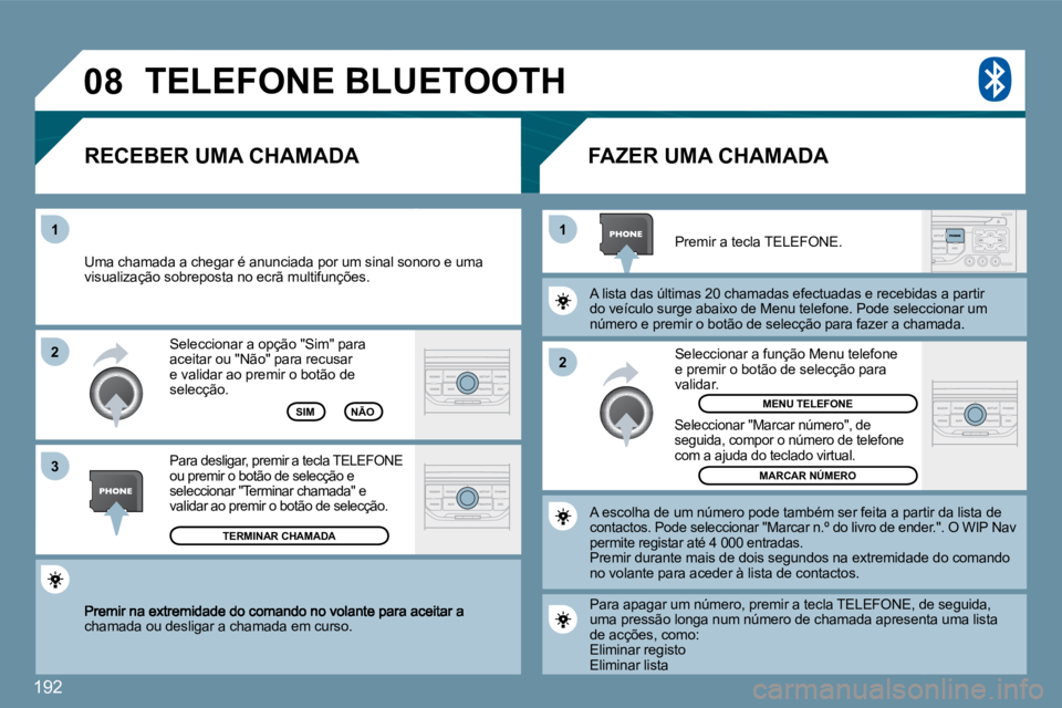 PEUGEOT 207 2010  Manual de utilização (in Portuguese) 192
�0�8
�2
�1
�1 
�3
�2
chamada ou desligar a chamada em curso.  
 Seleccionar a opção "Sim" para aceitar ou "Não" para recusar e validar ao premir o botão de selecção. 
� � �R�E�C�E�B�E�R� �U�