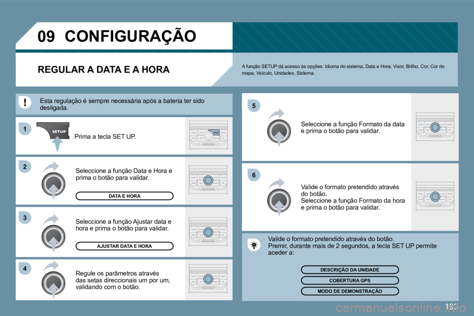 PEUGEOT 207 2010  Manual de utilização (in Portuguese) 193
�0�9
�6
�5
�4
�3
�2
�1
� �C�O�N�F�I�G�U�R�A�Ç�Ã�O� 
�R�E�G�U�L�A�R� �A� �D�A�T�A� �E� �A� �H�O�R�A�   A função SETUP dá acesso às opções: Idioma do sis
tema, Data e Hora, Visor, Brilho, Co