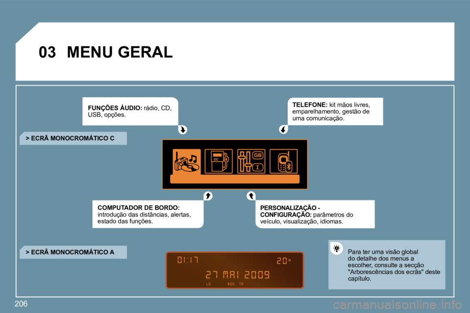 PEUGEOT 207 2010  Manual de utilização (in Portuguese) �2�0�6
�0�3� �M�E�N�U� �G�E�R�A�L� 
�F�U�N�Ç�Õ�E�S� �Á�U�D�I�O�:� �r�á�d�i�o�,� �C�D�,� �U�S�B�,� �o�p�ç�õ�e�s�.� 
�C�O�M�P�U�T�A�D�O�R� �D�E� �B�O�R�D�O�:�i�n�t�r�o�d�u�ç�ã�o� �d�a�s� �d�i�s�