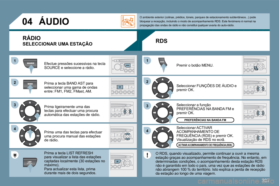 PEUGEOT 207 2010  Manual de utilização (in Portuguese) 207
�2�2
�3�3
�4�4
�1�1
�2�2
�4�4
�3�3
�1�1
�0�4� �Á�U�D�I�O� 
� �E�f�e�c�t�u�e� �p�r�e�s�s�õ�e�s� �s�u�c�e�s�s�i�v�a�s� �n�a� �t�e�c�l�a� �S�O�U�R�C�E� �e� �s�e�l�e�c�c�i�o�n�e� �a� �r�á�d�i�o�.� 