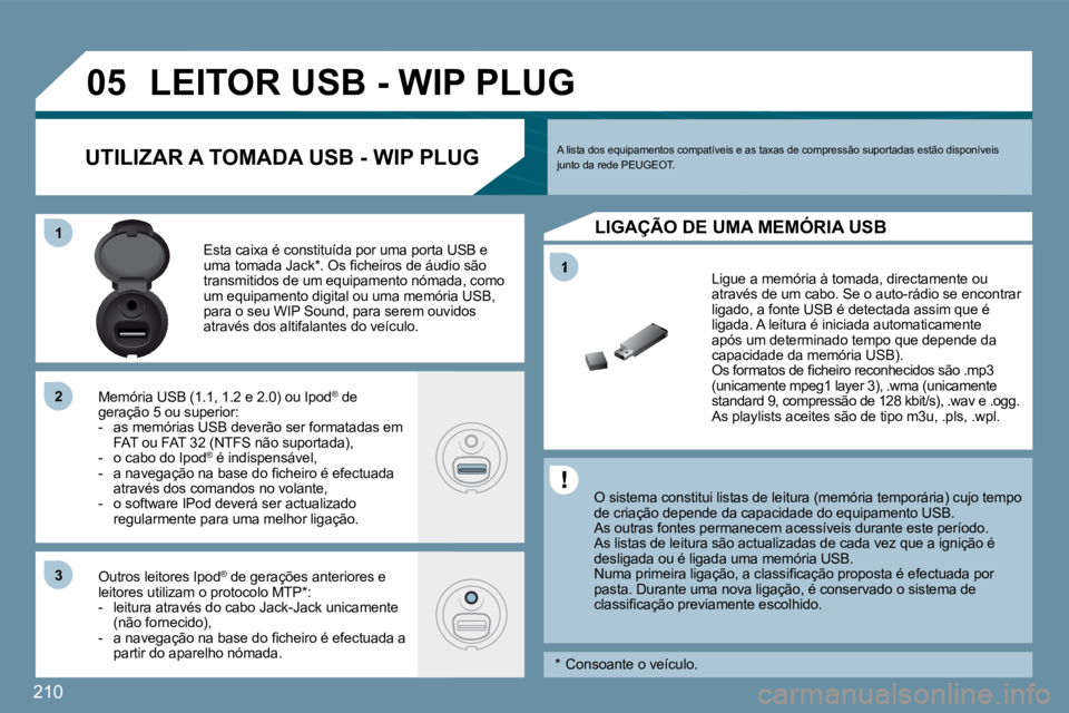 PEUGEOT 207 2010  Manual de utilização (in Portuguese) �2�1�0
�1
�0�5
�1�1
�2�2
�3�3
� � �O� �s�i�s�t�e�m�a� �c�o�n�s�t�i�t�u�i� �l�i�s�t�a�s� �d�e� �l�e�i�t�u�r�a� �(�m�e�m�ó�r�i�a� �t�e�m�p�o�r�á�r�i�a�)� �c�u�j�o� �t�e�m�p�o� �d�e� �c�r�i�a�ç�ã�o� 