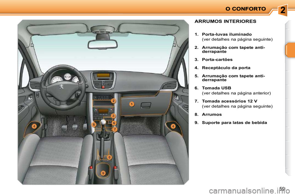 PEUGEOT 207 2010  Manual de utilização (in Portuguese) 59
ARRUMOS INTERIORES 
   
1.     Porta-luvas iluminado    
  (ver detalhes na página seguinte)  
  
2.     Arrumação com tapete anti- 
derrapante   
  
3.     Porta-cartões   
  
4.     Receptác