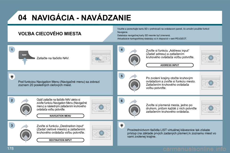 PEUGEOT 207 2010  Návod na použitie (in Slovakian) 178
�0�4
�1
�2
�3
�5 
�6
�4
� �N�A�V�I�G�Á�C�I�A� �-� �N�A�V�Á�D�Z�A�N�I�E� 
�V�O,�B�A� �C�I�E,�O�V�É�H�O� �M�I�E�S�T�A� 
� � �O�p�ä?� �z�a�t�l�a�č�t�e� �n�a� �t�l�a�č�i�d�l�o� �N�A�V� �a�l�e