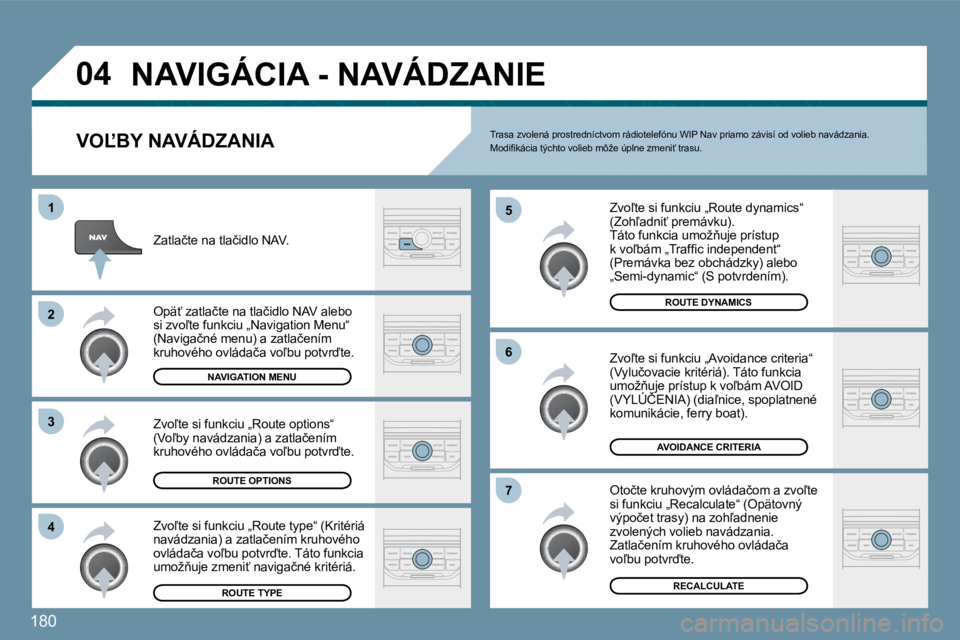 PEUGEOT 207 2010  Návod na použitie (in Slovakian) �1�8�0
�0�4
�4
�3
�2
�1
�7
�6
�5
� �N�A�V�I�G�Á�C�I�A� �-� �N�A�V�Á�D�Z�A�N�I�E� 
� � �V�O,�B�Y� �N�A�V�Á�D�Z�A�N�I�A� 
� � �Z�v�o-�t�e� �s�i� �f�u�n�k�c�i�u� �„�R�o�u�t�e� �d�y�n�a�m�i�c�s�“